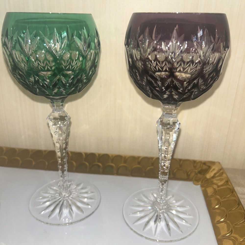 Set of 2 Godinger DYNASTY Cut to Clear 7 3/4″ Leaded Wine Hock Glasses EUC