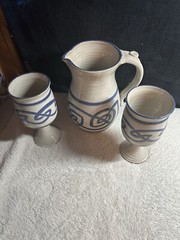 2 Studio Art Pottery Goblets And Matching Pitcher Chalice Blue Celtic Design