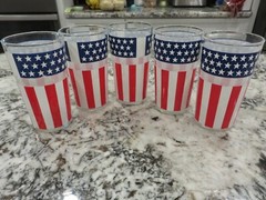 5 VTG Continental Can Co HAZELWARE Stars & Stripes Flag 5″ Glass Tumblers 10 oz.