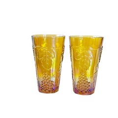Set of 2 Carnival Drinking Glasses Fall Harvest Iridescent Amber Grape Vtg 7″
