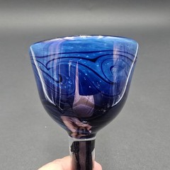 Hand Blown Glass Goblet Blue Swirl Signed Art Glass 9″