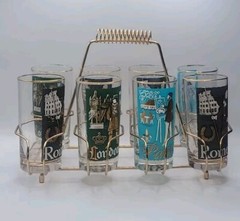 Vtg Libbey International Cities of The World S/8 Highball Glasses w/ Carrier