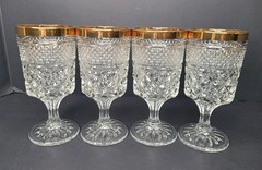 Vtg Anchor Hocking Wexford Diamond Point Gold Rim Wine Water Glass Goblets 6.5″