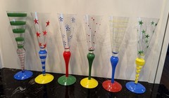 Orrefors ANNE NILSSON Clown Champagne Flutes 10.5″ Colorful Stripes SET of 6