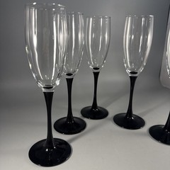 Set of 5 Clear Glass Champagne Flutes with Black Stems Tapered Glossy Finish 6oz