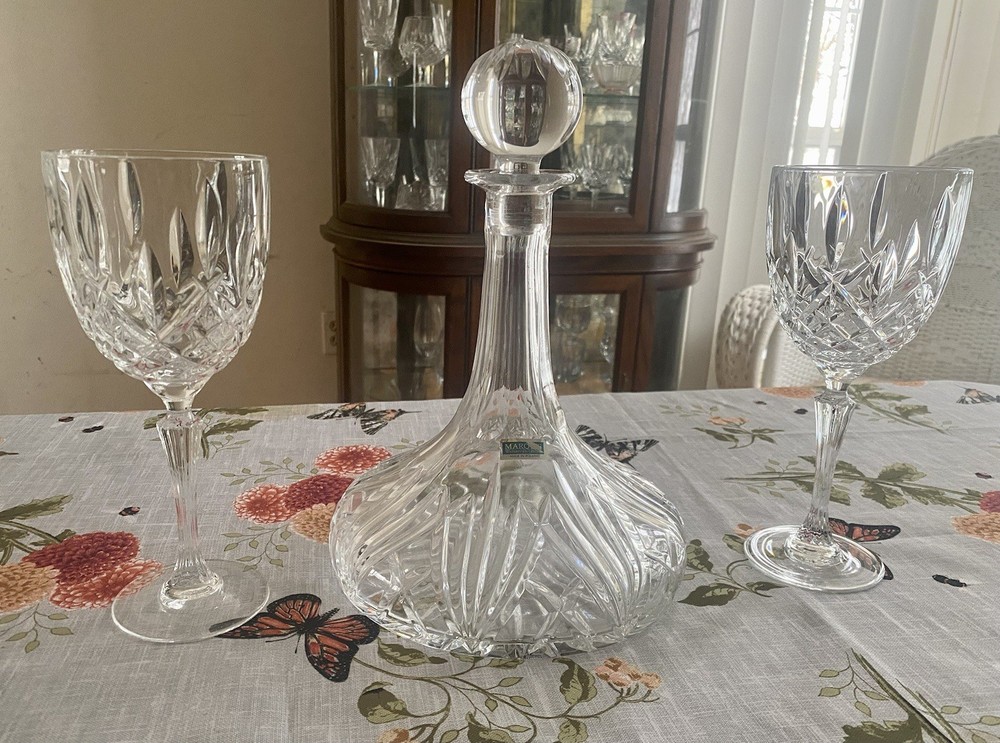 Marquis by Waterford crystal ships decanter and two wine glasses