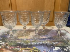Antique EAPG Indiana Glass Daisy & Button Narcissus Goblets Hex Foot Set 5 c1910