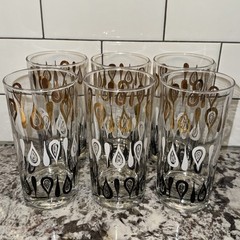 Set Vtg MCM Gold White Black Teardrop High Ball Cocktail Whiskey Glass Tumbler