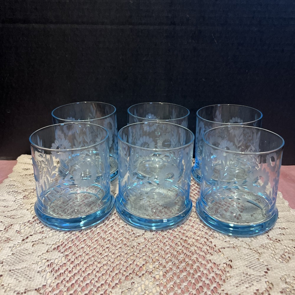 Vintage Wheel Cut Ice Blue Old Fashion Glasses-Heavy Bottom-Set Of 6