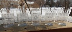 5 Antique Copper Wheel Etched Drinking Glasses 3.75″ Inches Tall Banded Pattern
