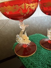 Murano Glass Venetian Ruby & Gold Glasses w/Gold Flake Dolphin Stems Pair w/Tags