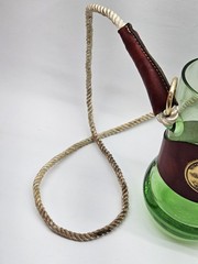 Vntg Blown Green Glass Leather Hands Free Cocktail Beer Tumbler Lanyard w/Image