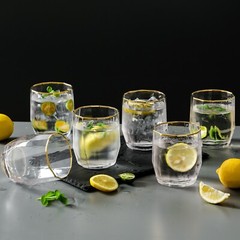 EVEREST GLOBAL Polyhedron Gold Rim Clear Crystal Glass Tumbler 14oz, Set of 6