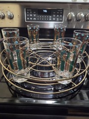 Anchor Hocking Green Turquoise 22K Gold Glasses With Stand 5 1/2″ Highball…