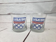 Vintage Olympics USA 1988 Glass Low Ball Tumblers Set Of 2