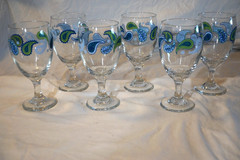 6 MCM LIBBEY CRISA BLUE TEAL PAISLEY PATTERNED GOBLETS WINE GLASSES 7″