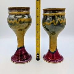 Pair of 7″ Studio Art Pottery Goblets Handcrafted Stoneware Drip Glaze