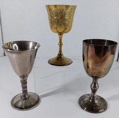 Goblet Chalice Lot Etched Brass India WMA Rogers SP Copper Velaro Silverplated