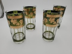 4 Vintage Cera Green 24K Gold Grape Vines Pillar Highball Glasses Mid Century