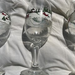 Set of 5 Libbey Glass Company Winter Village 7.5” Goblets Christmas Snow Farm