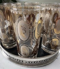 6 MCM HIGHBALL COCTAIL GLASSES GOLD COURTESAN FEMALE PORTRAITS & FORMICA TRAY.