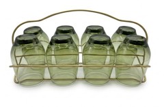 Vintage Matching Green Glass Tumblers With Carrier/caddy Set Of 8 Cups Glasses