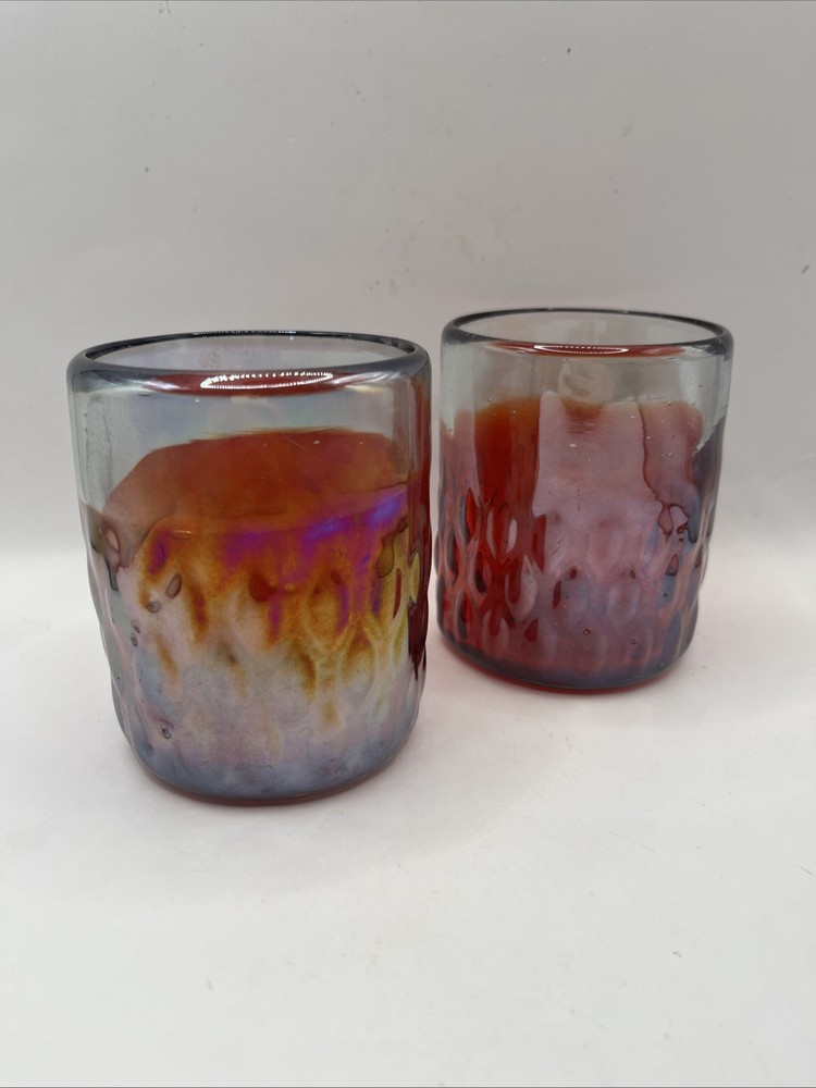 Hand Blown Rocks Drinking Tumbler Glass Red Iridescent Textured Pontil