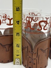 2 Vintage Bamco Western Tumbler Glasses Tooled Leather Sleeve Longhorn Cattle