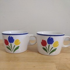 Vintage Tulip Tyme Stoneware Coffee Mugs Set of 2 Retro Floral 1985 Thailand