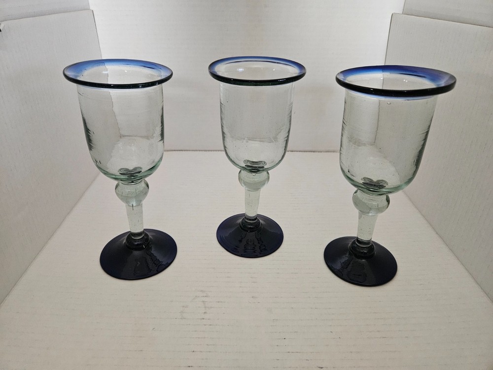 Mexican Hand Blown Trapped Bubbles Water/Wine Goblets Cobalt Rim (3)