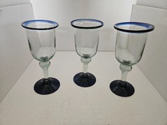 Mexican Hand Blown Trapped Bubbles Water/Wine Goblets Cobalt Rim (3)