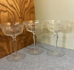 3 Liquor /Cocktail glass w/ etched Flower & Swag UNK1417 Unknown Manufacturer 6″