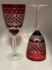 Pair of Ruby Red, and clear Bohemian wine goblets,