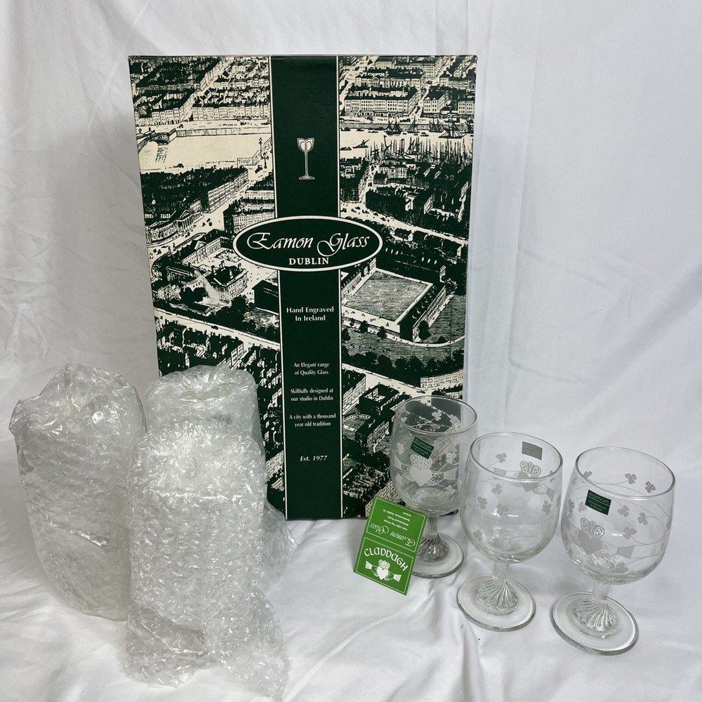 New 6 Eamon Glass Etched Claddagh Shamrocks Twist Stem Wine Goblet Glasses Ire