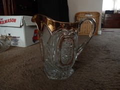 US Glass #15104 Victorian/Buzz Saw & Parenthesis Pitcher/Glasses/Bowl Set 1907