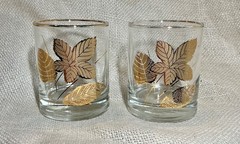 2 LIBBEY gold leaf MCM 1960’s rock whiskey lowball barware glasses