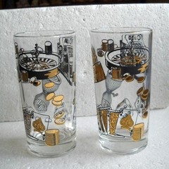 Pair of Gold & Black Casino High Ball Bar Glasses Roulette Slot Machine Dice