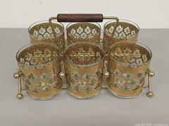 Vintage Culver Valencia 22K Gold Green Glasses Set of 6 w/ Carrier MCM USA Made