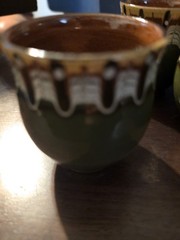 Set of 5 Art Pottery Ceramic Cups 5 oz Green Brown White Glossy Hand Painted