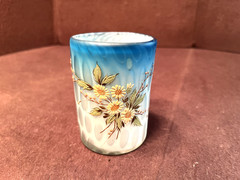 Antique Hand Painted Satin Glass Tumbler with Trapped Bubble Motif