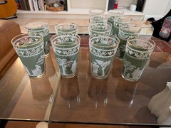 Lot Vintage Jeannette Hellenic Green Glasses Wedgwood Jasperware Style 6 sm 6 lg