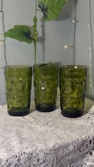 3-Vintage 1960s Indiana Glass Kings Crown Thumbprint Tumblers Avocado Green