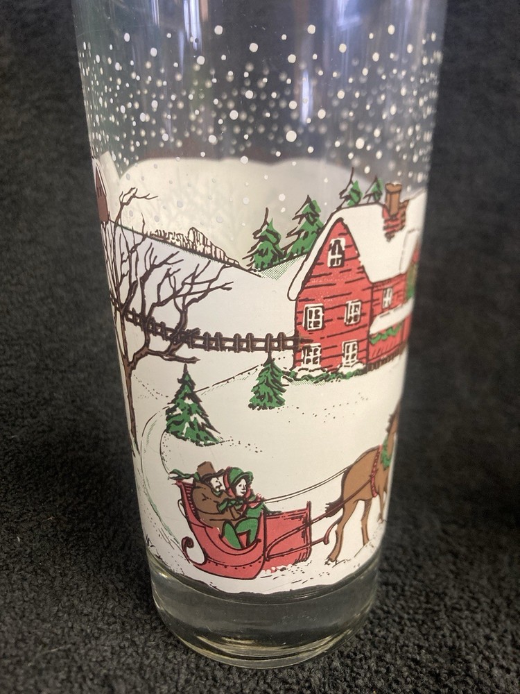 7 Vintage Libbey Winter Village 16 Oz. Drinking Glasses 6.25” Mill Horse Sleigh