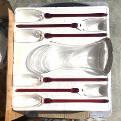 Bouquet of 6 Baseless Champagne Toasting Flutes + Clear Holding Vase /Red Stems