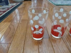 4 VINTAGE MCM Libbey Glass Tall Glasses Red White Dots Stripes 5″
