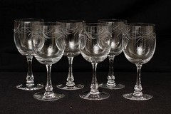 Red White Champagne Wine Etched Glass Clear Crystal Beveled Stem set 12 lot