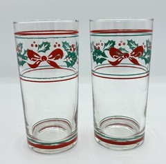 VTG Christmas Glasses Tumblers Red Green Stripe With Holly & Red Bow Set Of 2