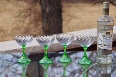 Antique Spiral Optic Cocktail Glasses with Green Stems, Fostoria, 1925
