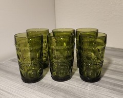 6 Vintage 1960s Indiana Glass Kings Crown Thumbprint Tumblers Avocado Green MCM