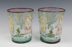 Pair Blown Enameled Glass Tumbler Cup Figures Fruit Rose German Venetian Antique